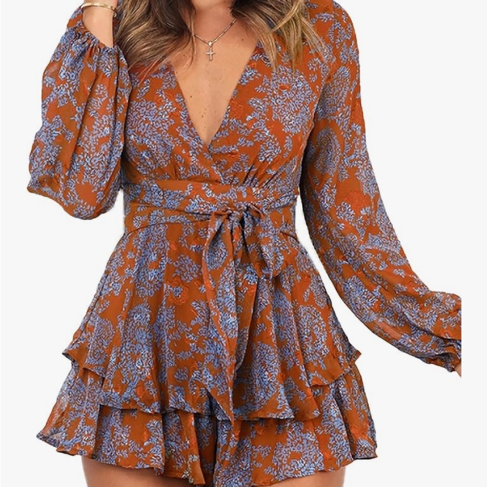 Orange & Blue Mini Sundress with V-Neck